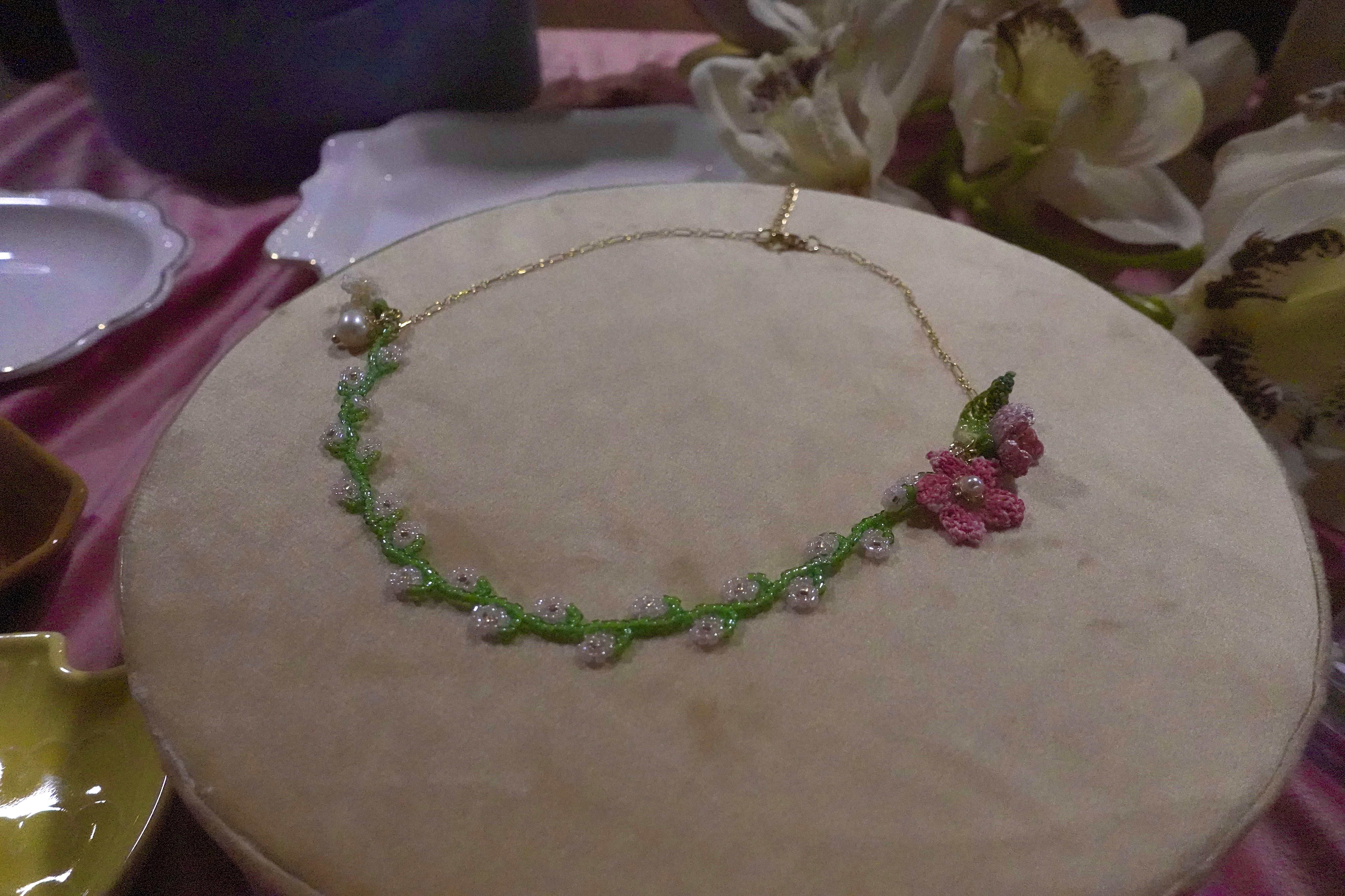 Crochet Flowers with Japanese Glass Beads, 18k Gold Plated Chains
