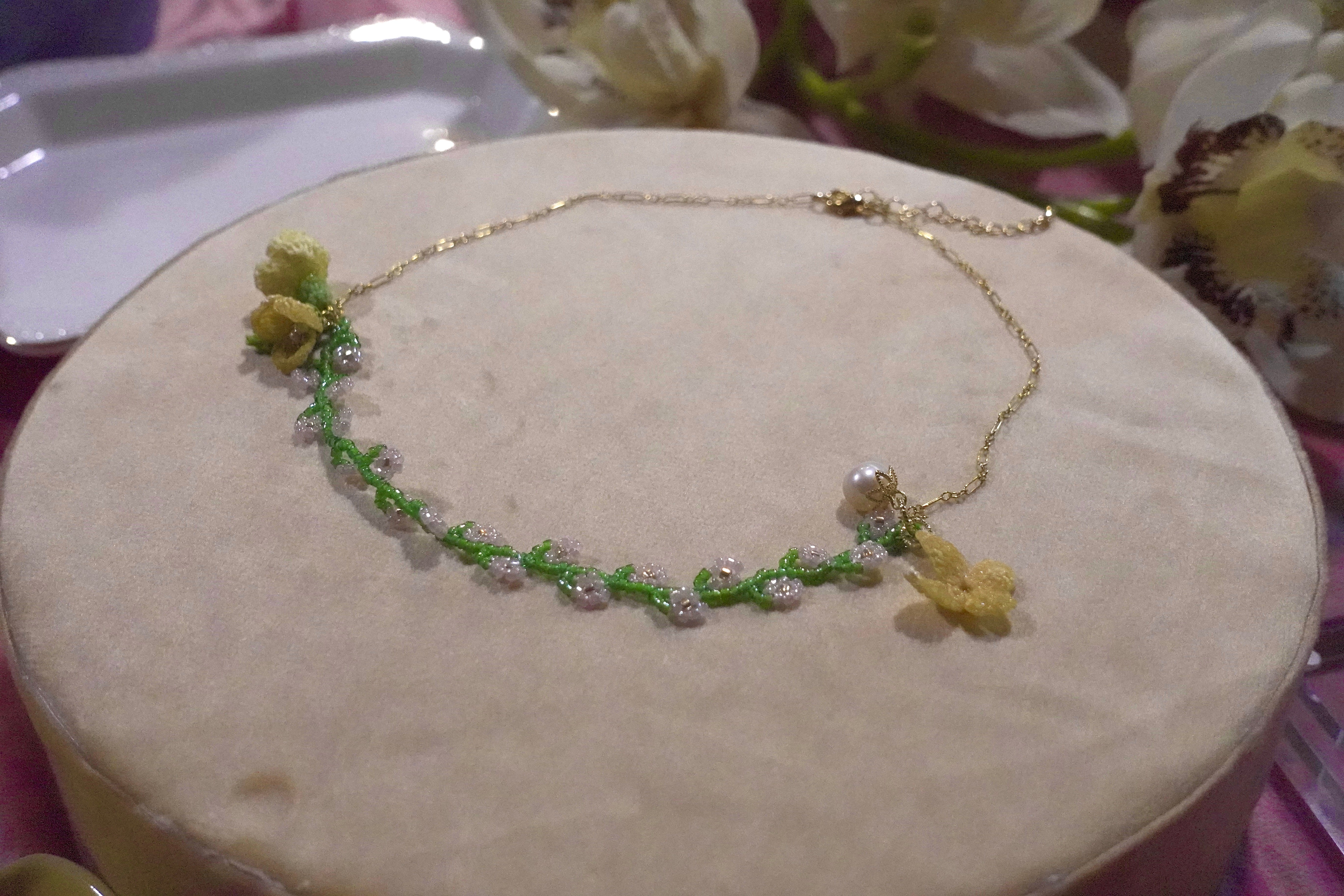 Crochet Flowers with Japanese Glass Beads, 18k Gold Plated Chains