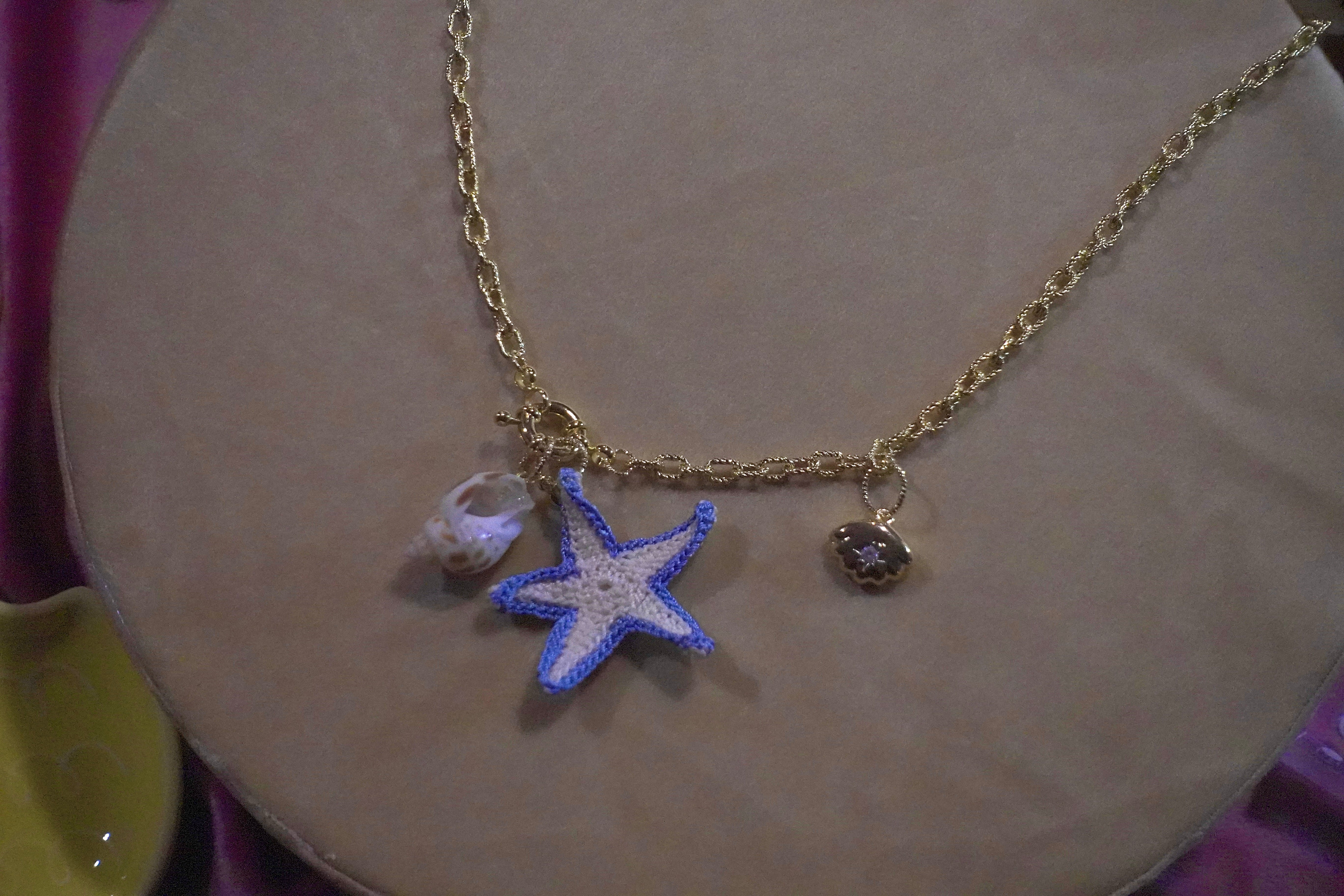 Crochet Blue Starfish on Beaten Brass Chain
